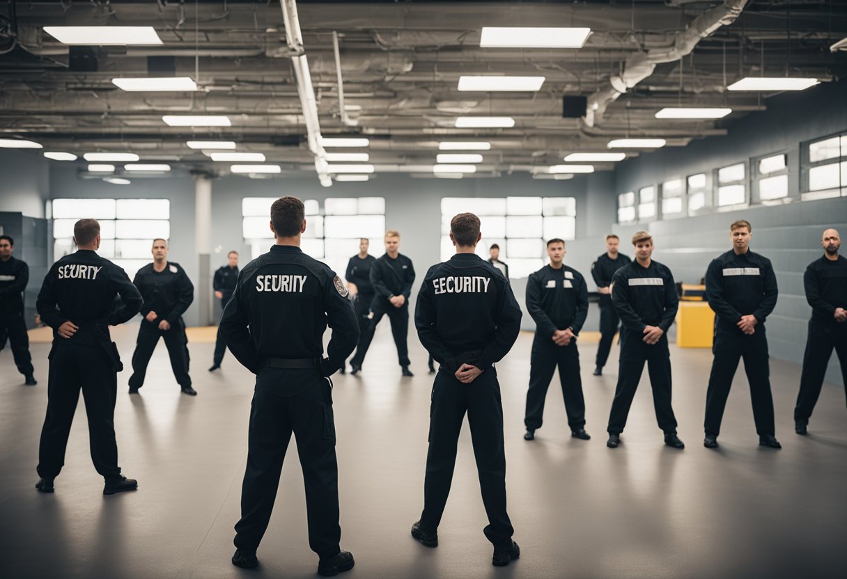 A security guard training facility with classrooms, shooting range, and obstacle course. Security equipment and uniforms on display. Instructor leading a group in self-defense techniques