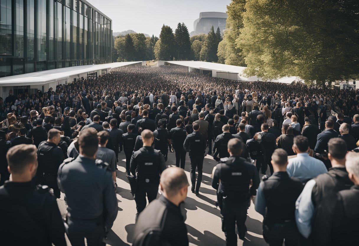A crowd of people gathered at a large event venue, surrounded by security personnel and barriers. A clear and organized flow of people entering and exiting the area