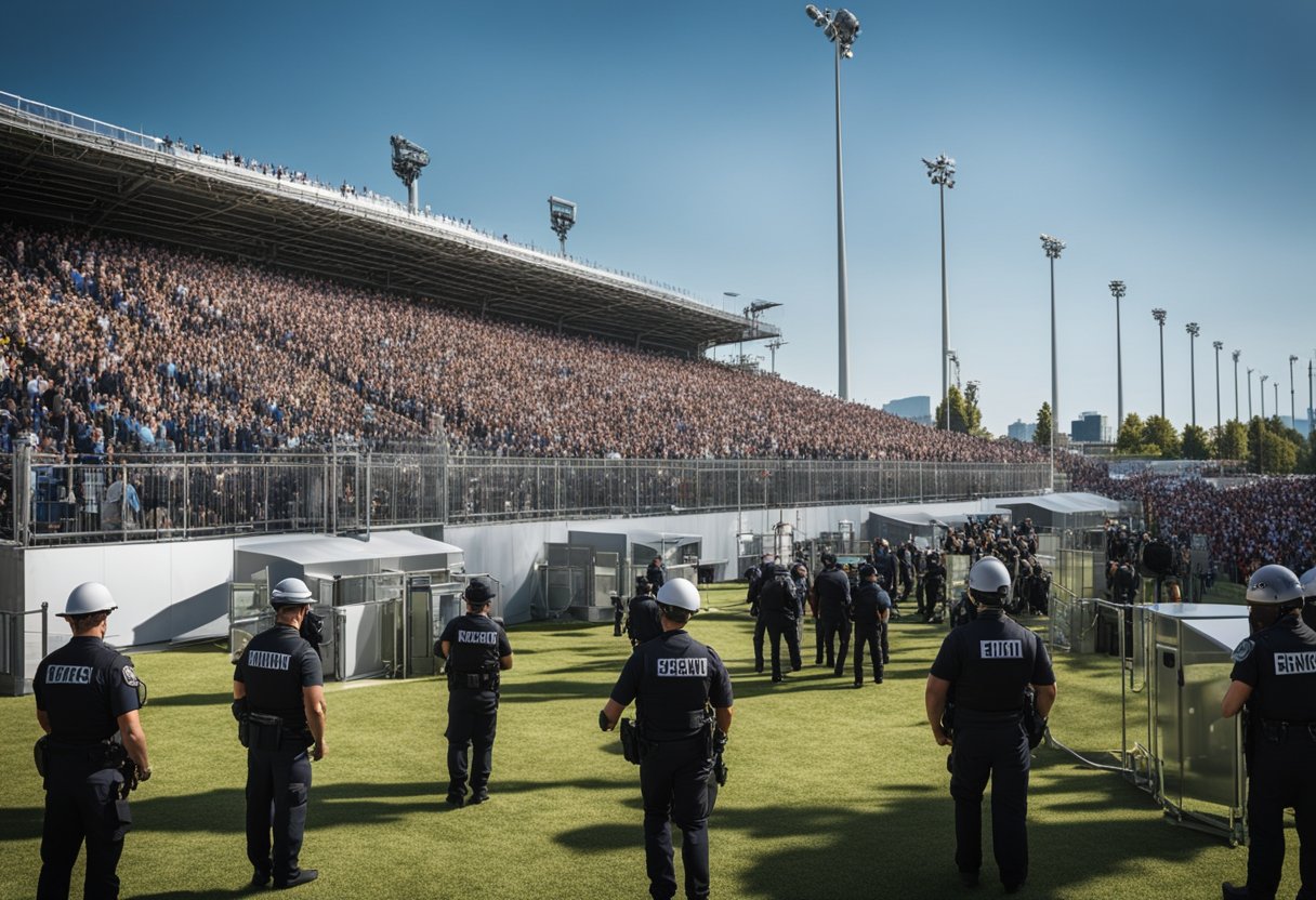 A large outdoor event with crowd control barriers, security personnel, and emergency exits. Lighting towers and surveillance cameras provide additional security measures