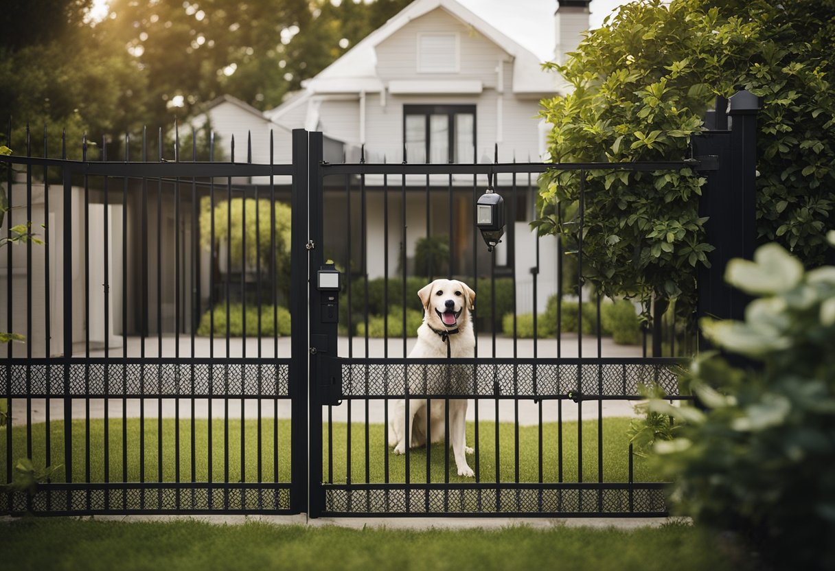 Una casa con una puerta de entrada resistente, cámaras de seguridad y luces con sensores de movimiento. Un perro patrulla el patio cercado mientras que un sistema de alarma de seguridad es visible en el exterior de la casa.
