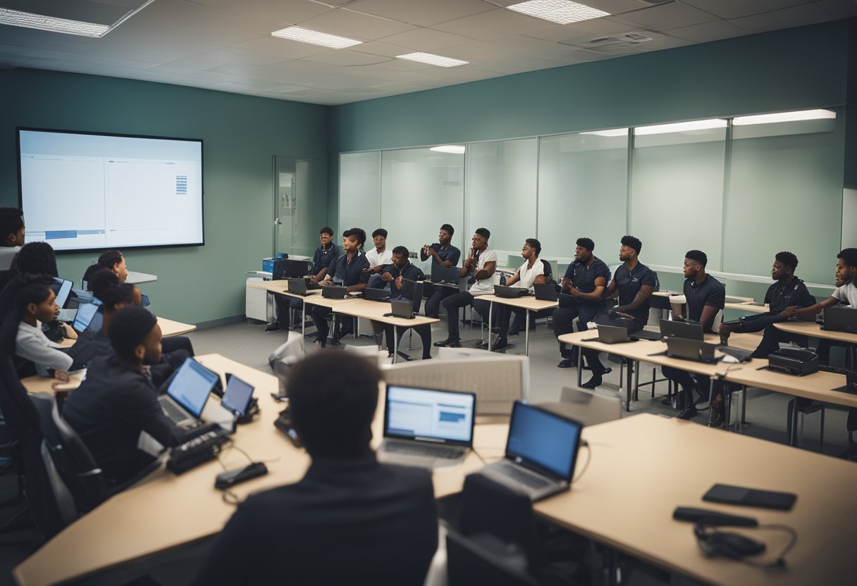 A classroom setting with security equipment, such as surveillance cameras and access control systems, and a trainer leading a group of trainees in a discussion or demonstration