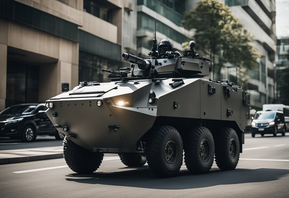 A secure armored vehicle is surrounded by armed guards as it transports valuable assets. The vehicle is equipped with advanced security features