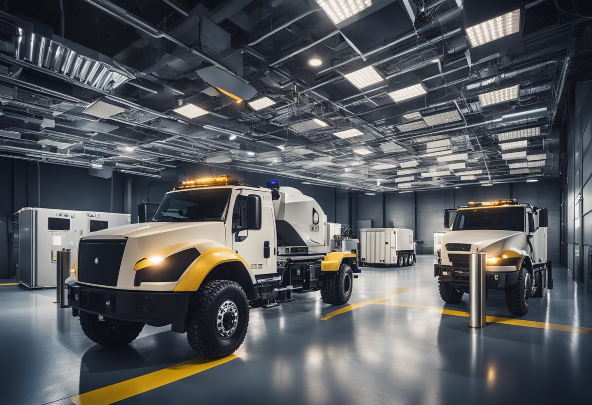 A secure facility with armored vehicles, surveillance cameras, and biometric access control for transporting valuables