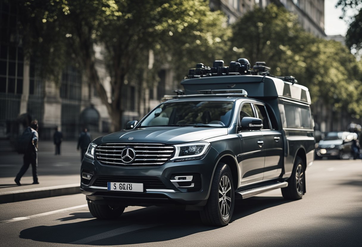 A secure vehicle with armed guards transports valuable items