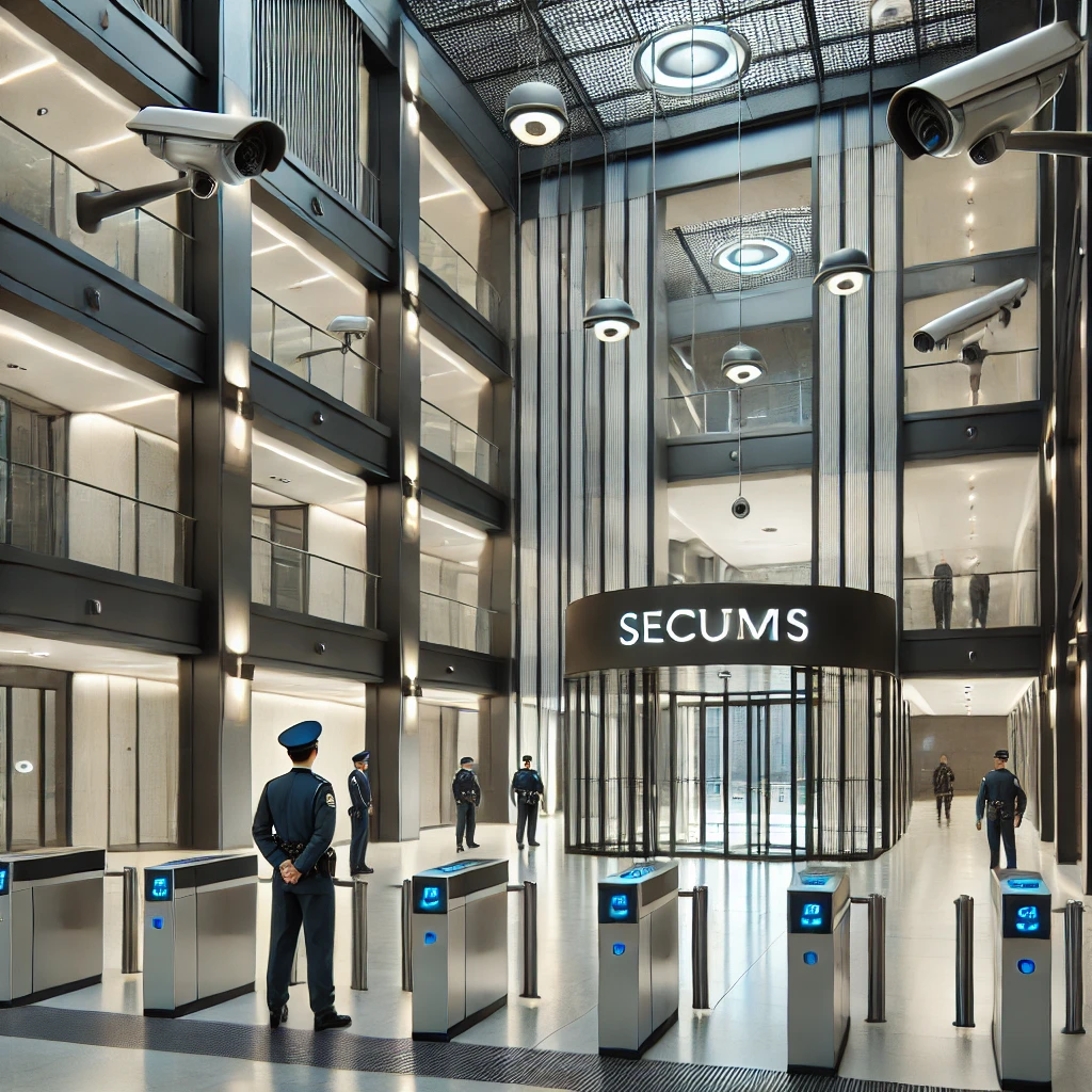  imagen del interior de un edificio moderno con sistemas de seguridad visibles, incluyendo cámaras de vigilancia en las esquinas, guardias uniformados patrullando la entrada, puertas reforzadas con cerraduras electrónicas, iluminación estratégica en todas las áreas y barreras de acceso controladas.