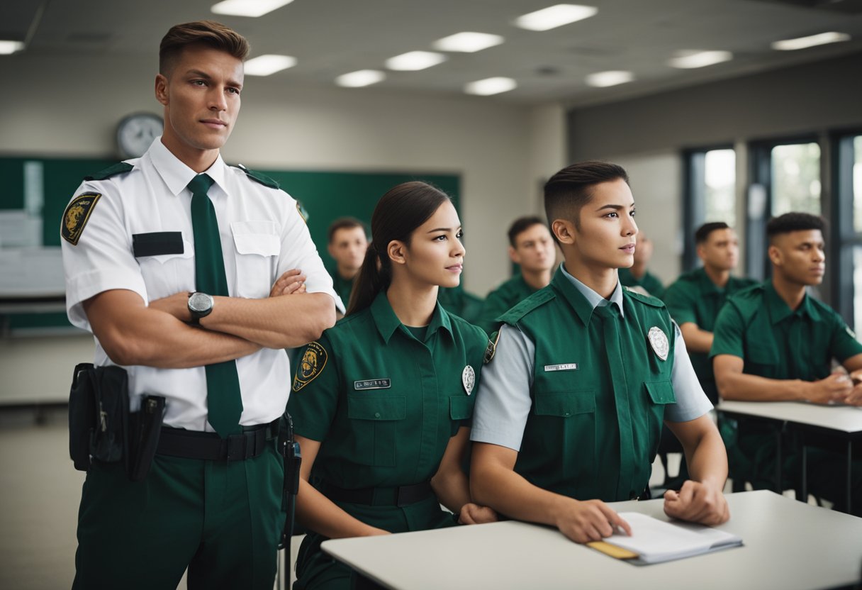 A group of individuals in uniforms undergo security training in a classroom setting, with an instructor leading the session